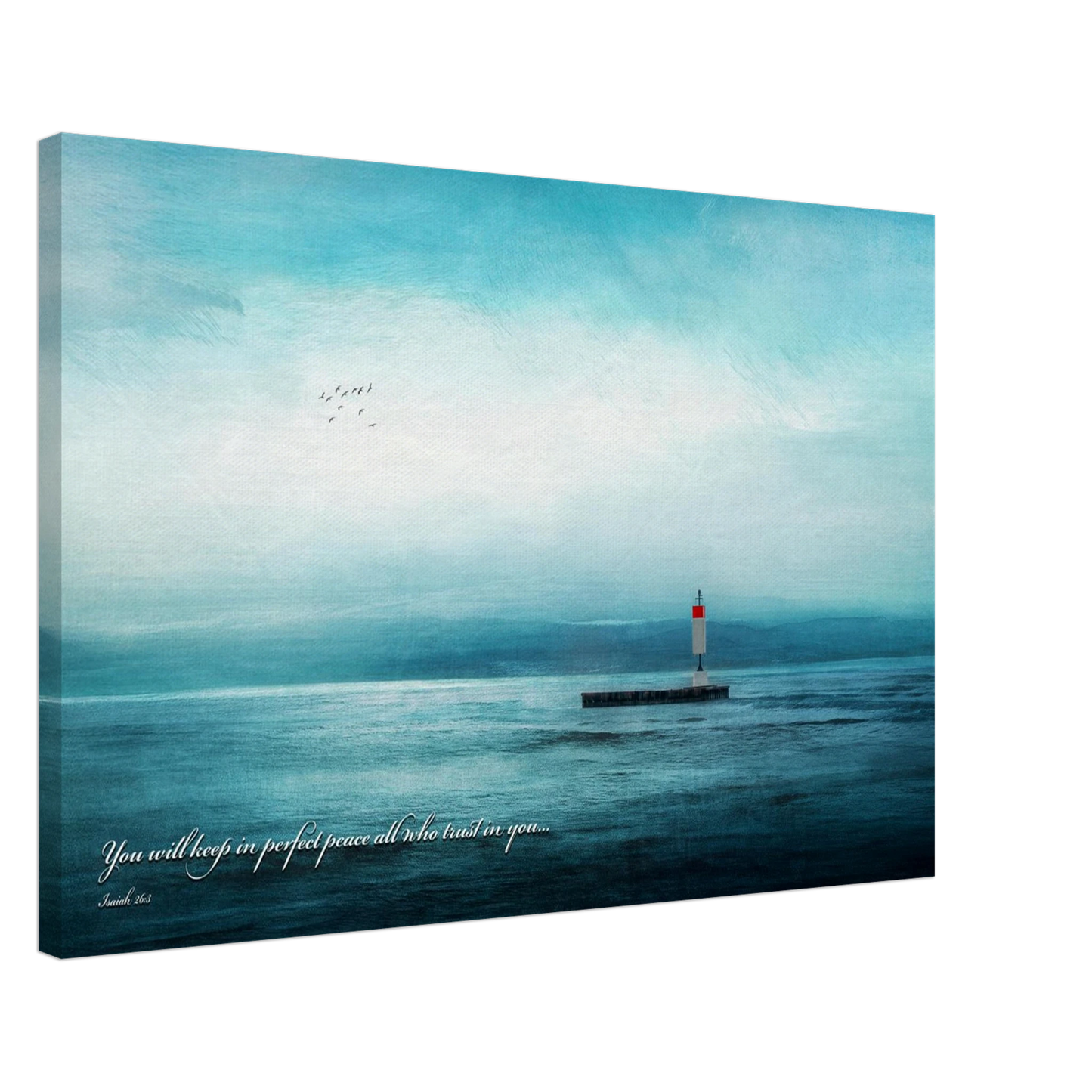 A canvas wall art print featuring a lighthouse with a backdrop of the sea and sky, including a quote about perfect peace.