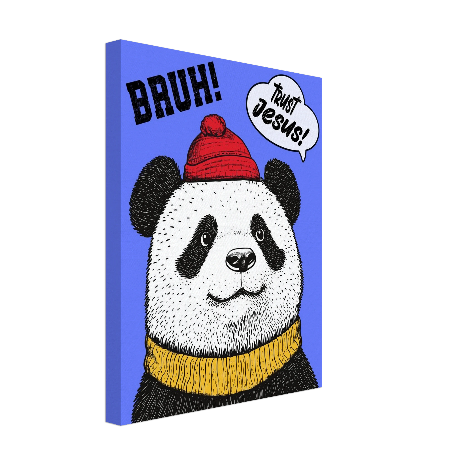 A canvas wall art featuring a cartoon illustration of a panda with a red beanie hat, a yellow scarf, and a speech bubble saying 'Trust Jesus'. The background is blue.