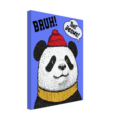 A canvas wall art featuring a cartoon illustration of a panda with a red beanie hat, a yellow scarf, and a speech bubble saying 'Trust Jesus'. The background is blue.