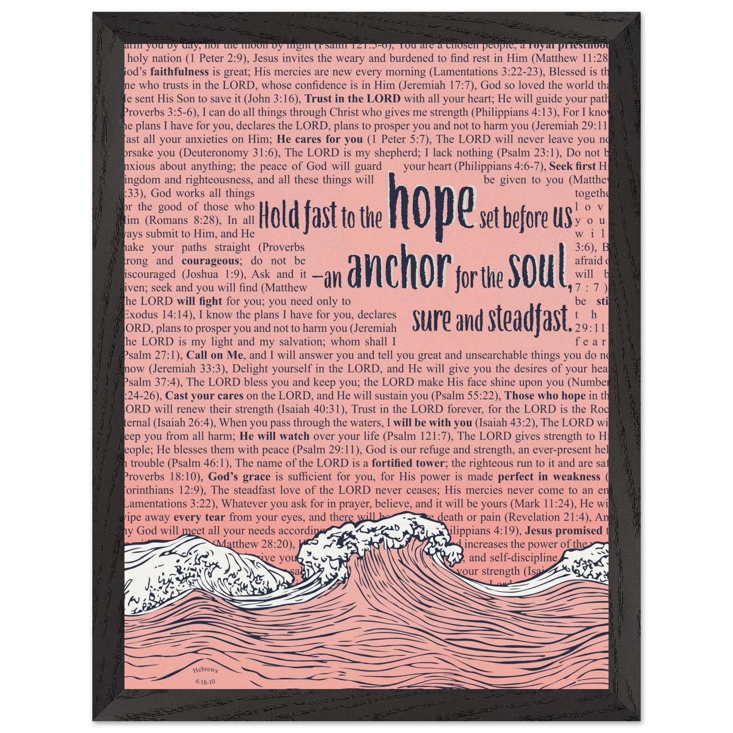 pink christian poster with bible verses in the background featuring a hand drawn wave illustration and the words hold fast to the hope set before us an anchor for the soul sure and steadfast hebrews 6 19
