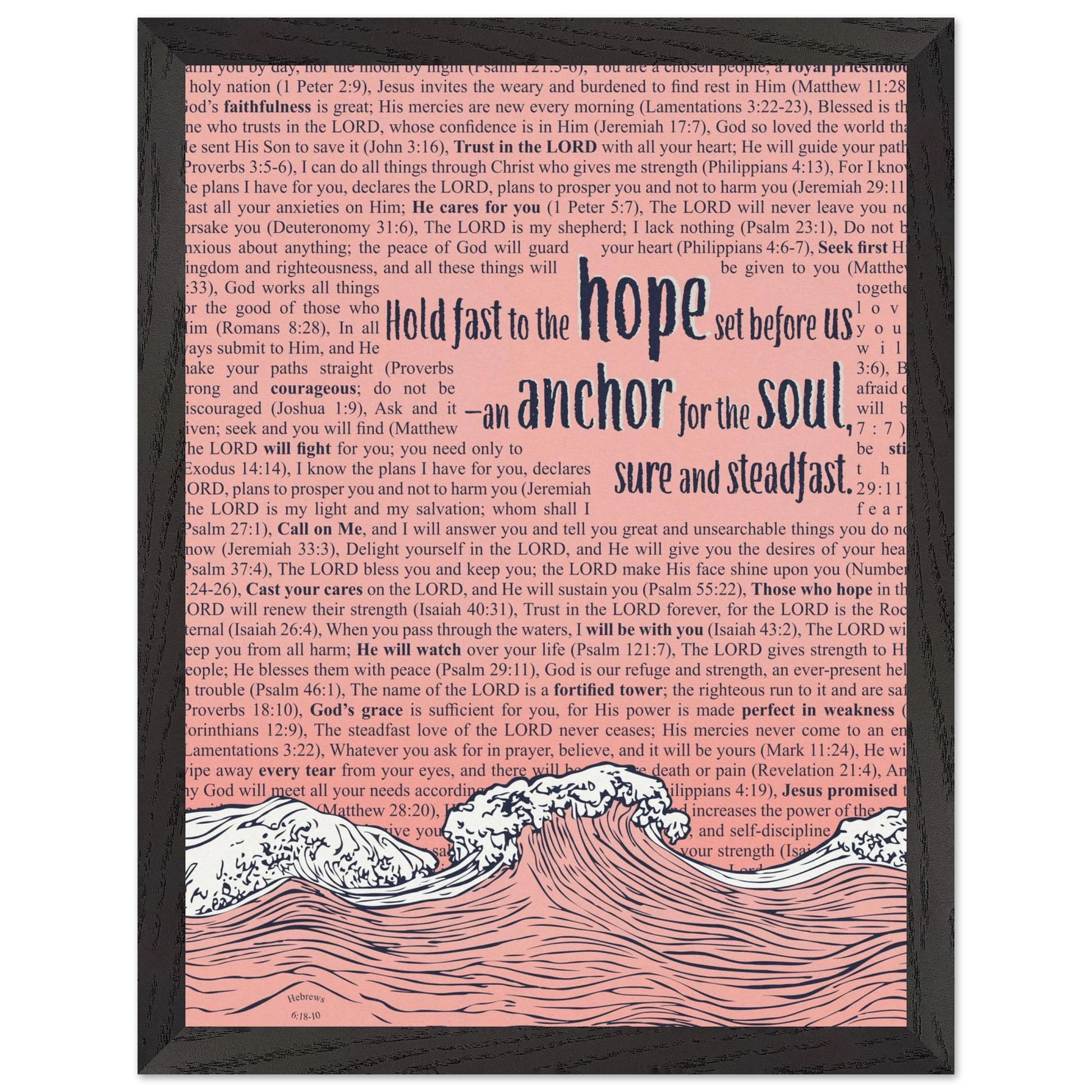 pink christian poster with bible verses in the background featuring a hand drawn wave illustration and the words hold fast to the hope set before us an anchor for the soul sure and steadfast hebrews 6 19