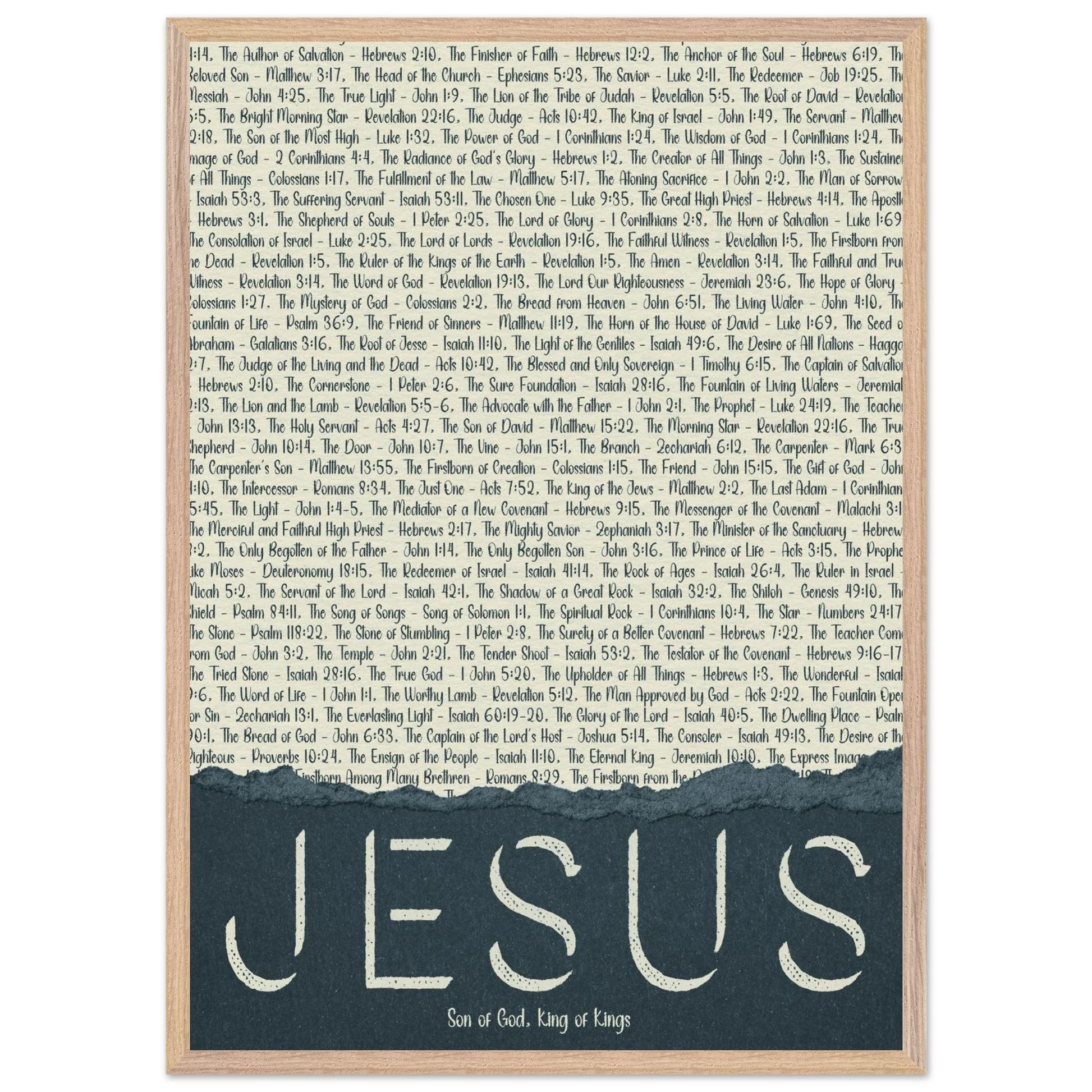 A framed wall art print with the word 'JESUS' in bold lettering, followed by a list of names and scriptures related to Jesus, against a white background 