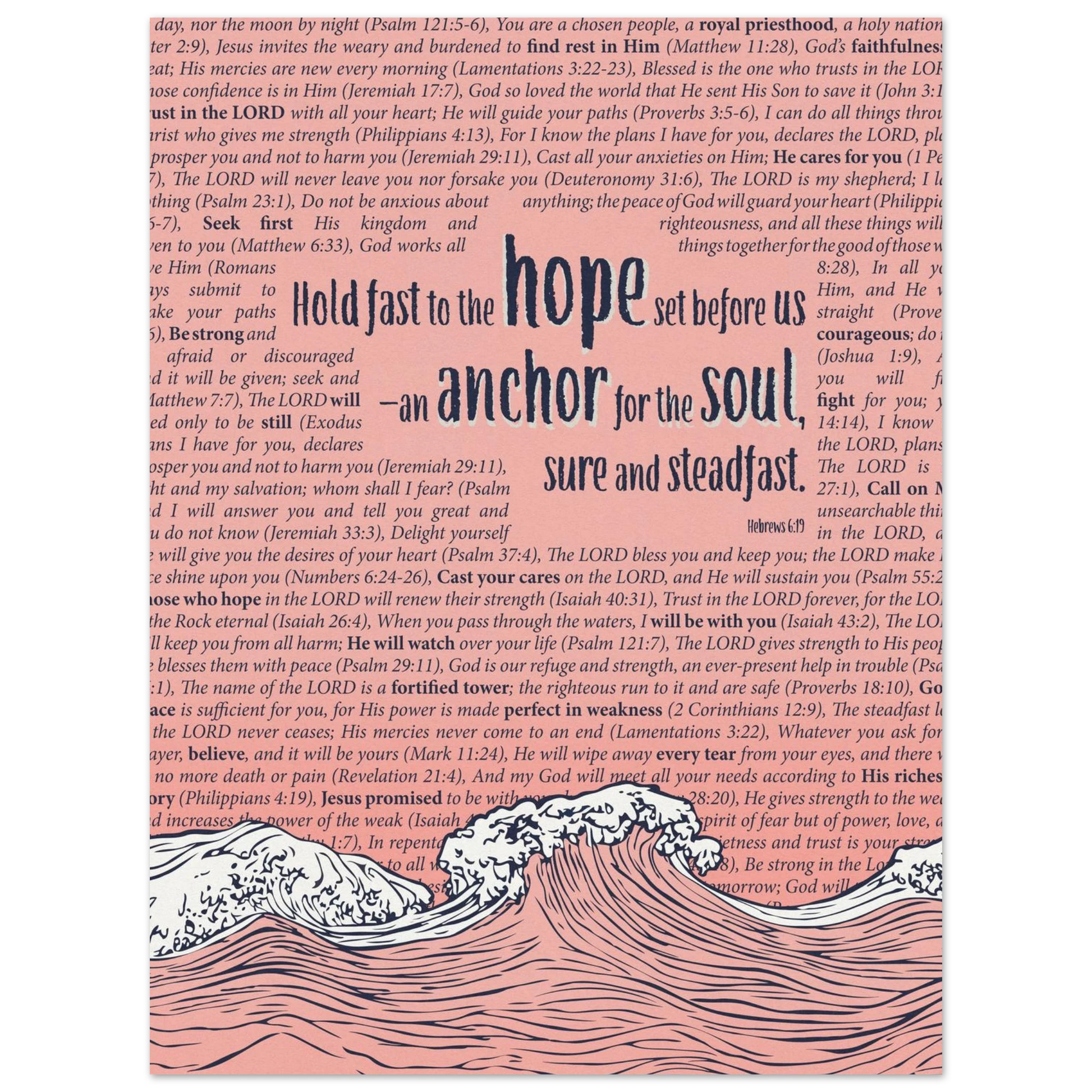Anchor for the Soul Hebrews 6:19 Christian printable wall art featuring ocean waves, Scripture text, and a peaceful anchor of hope message.