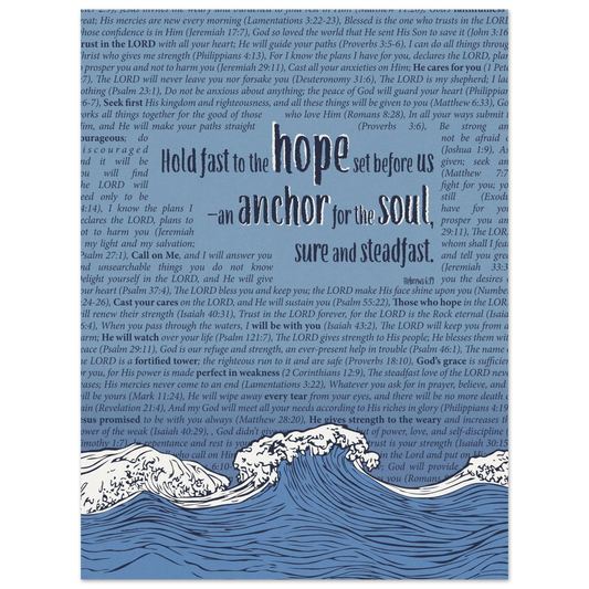 Anchor for the Soul Hebrews 6:19 Christian printable wall art featuring ocean waves, Scripture text, and a peaceful anchor of hope message.