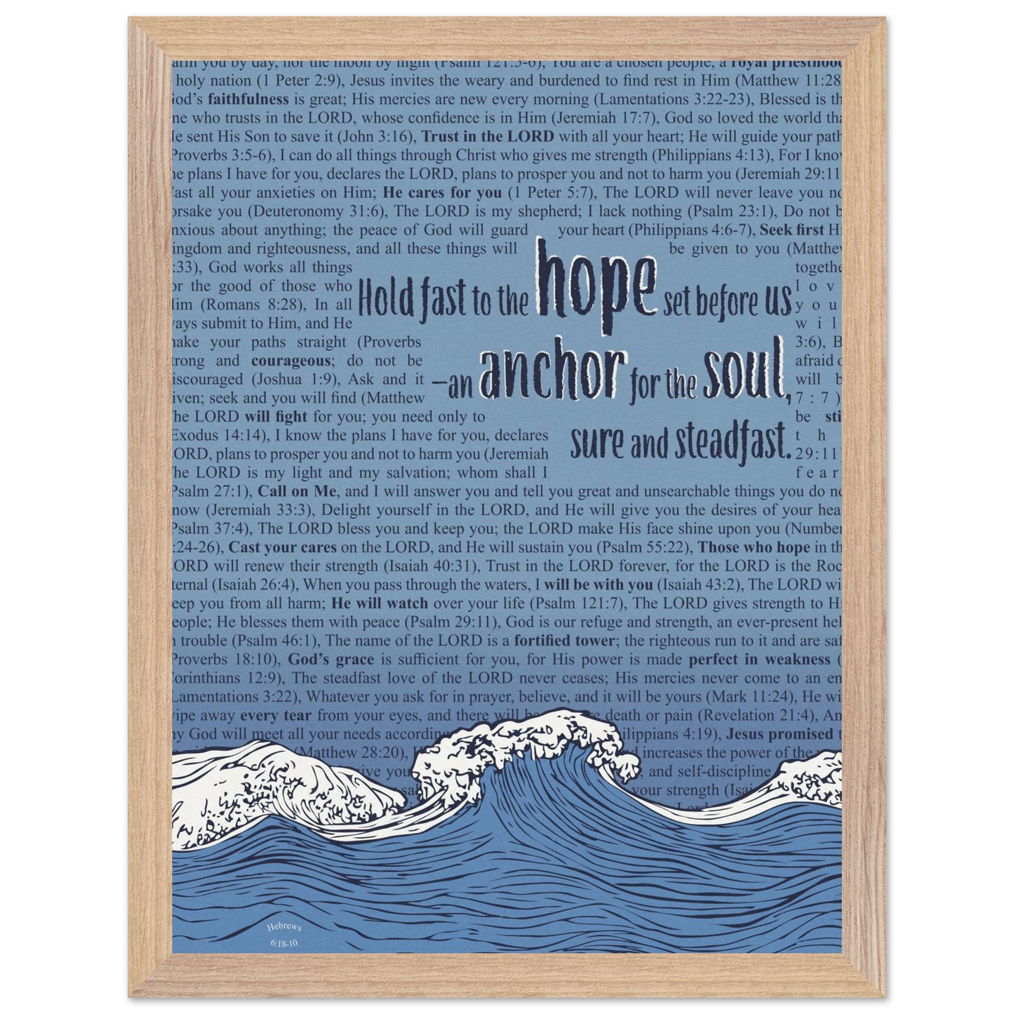 blue christian poster with bible verses in the background featuring a hand drawn wave illustration and the words hold fast to the hope set before us an anchor for the soul sure and steadfast hebrews 6 19
