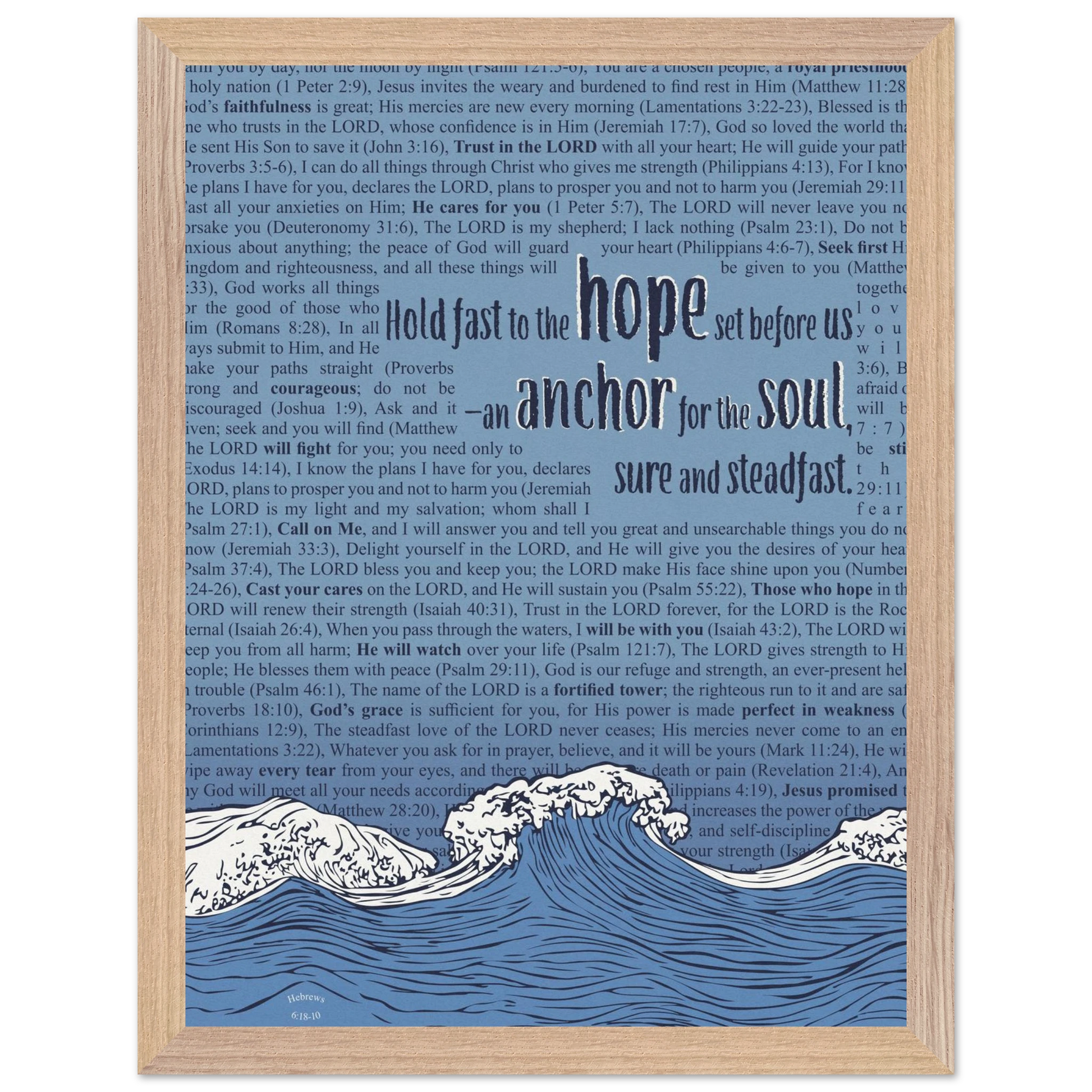 blue christian poster with bible verses in the background featuring a hand drawn wave illustration and the words hold fast to the hope set before us an anchor for the soul sure and steadfast hebrews 6 19