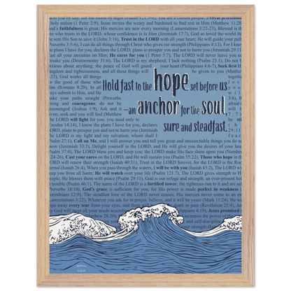 blue christian poster with bible verses in the background featuring a hand drawn wave illustration and the words hold fast to the hope set before us an anchor for the soul sure and steadfast hebrews 6 19
