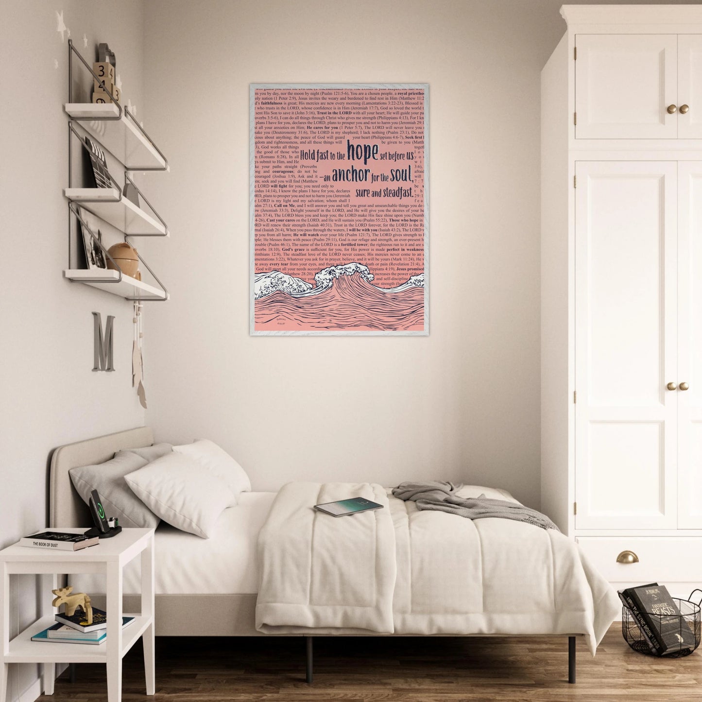 framed christian art in pink with wave and anchor design and bible verse hanging above a soft neutral bedroom