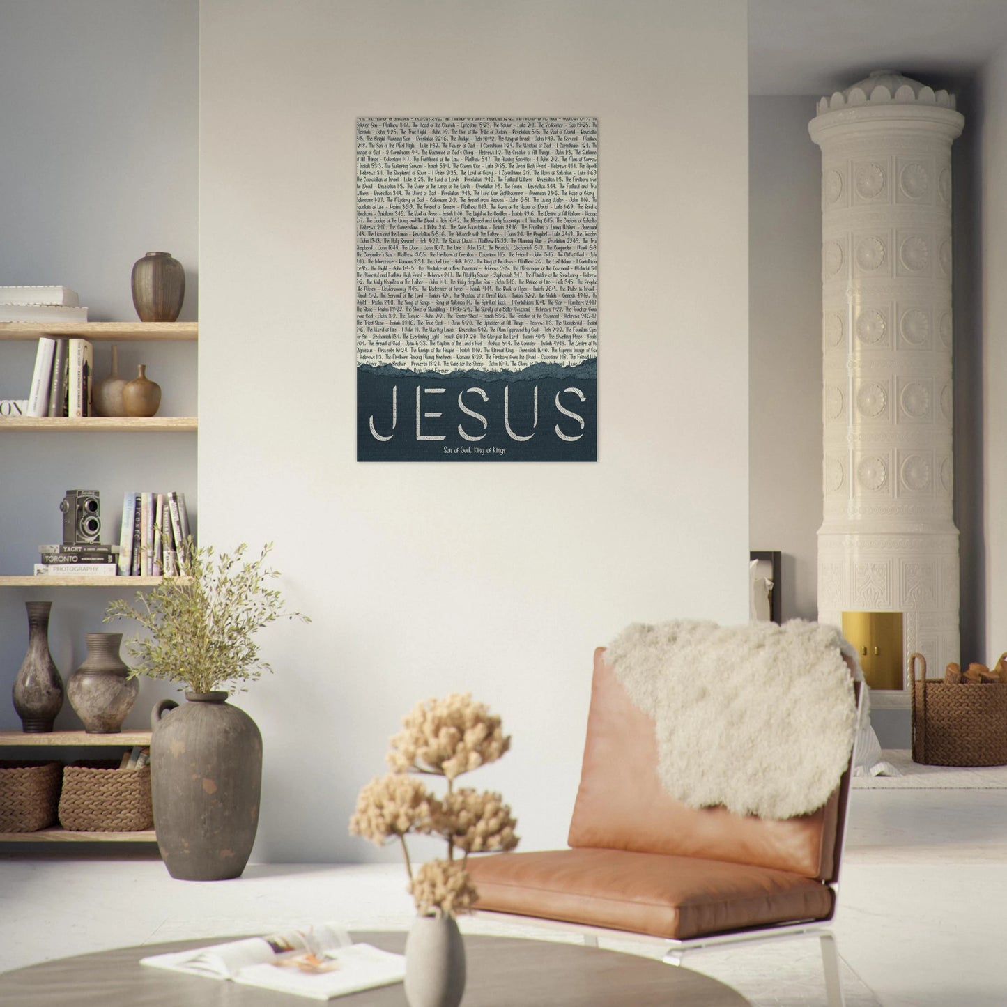 jesus brushed aluminum metal print with scripture titles displayed in a warm modern living room