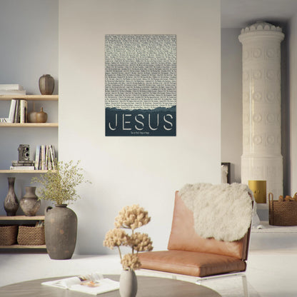 jesus brushed aluminum metal print with scripture titles displayed in a warm modern living room