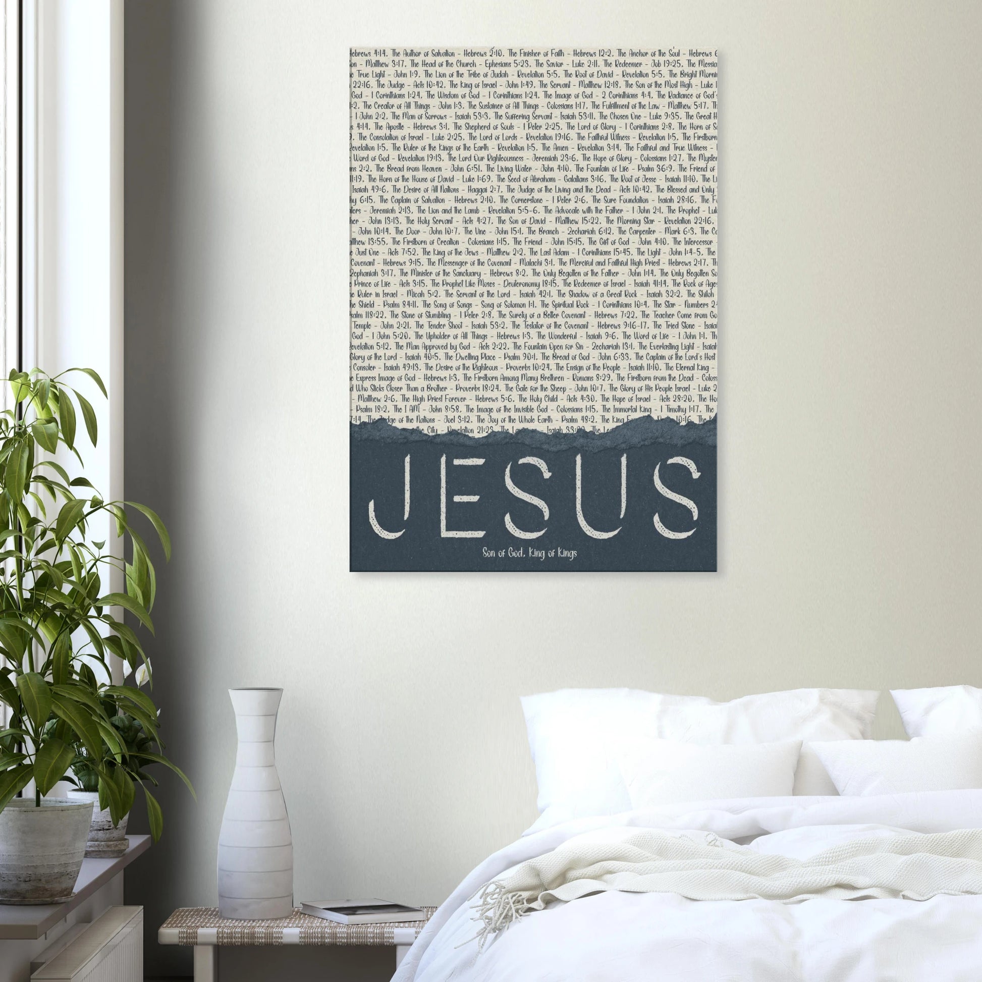 Wall art with 'Jesus' on a bedroom wall