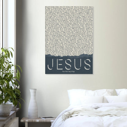 Wall art with 'Jesus' on a bedroom wall