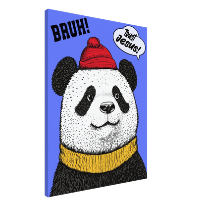 A canvas wall art featuring a cartoon illustration of a panda with a red beanie hat, a yellow scarf, and a speech bubble saying 'Trust Jesus'. The background is blue.