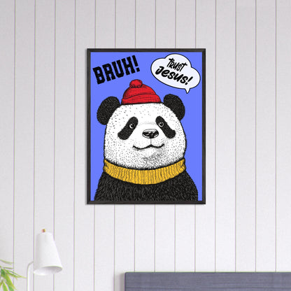 Playful Christian wall art illustration of a panda wearing a red beanie and yellow sweater on a blue background with the words BRUH and Trust Jesus in speech bubbles displayed n a bright minimalist bedroom setting
