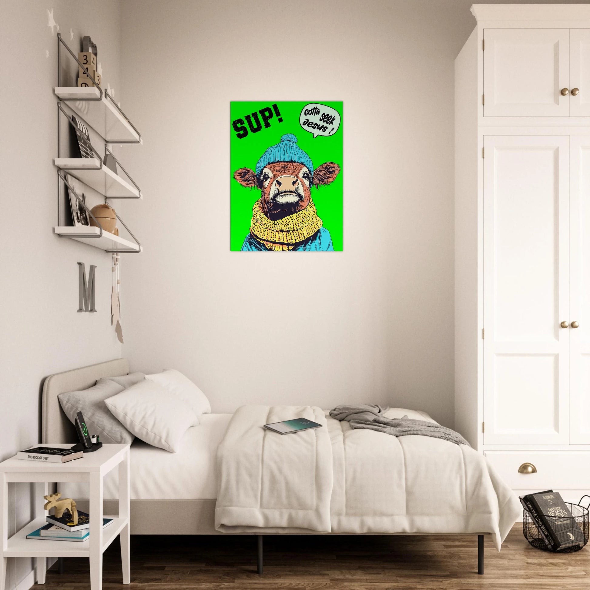 A vibrant green canvas featuring a cartoon style Highland cow with a beanie hat and a scarf, holding a sign with the text 'Gotta Seek Jesus' displayed in a bright minimalist bedroom