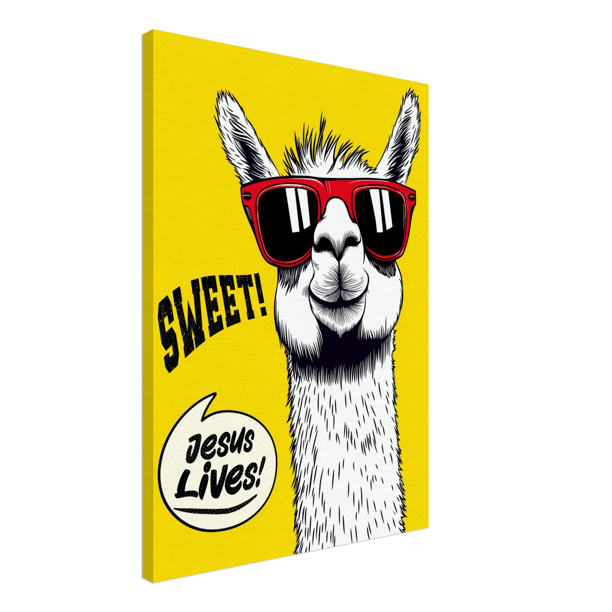 A vibrant canvas wall art featuring a cartoon llama with sunglasses against a yellow background, with the text 'Sweet! Jesus Lives!'.