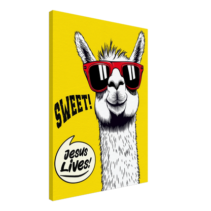 A vibrant canvas wall art featuring a cartoon llama with sunglasses against a yellow background, with the text 'Sweet! Jesus Lives!'.