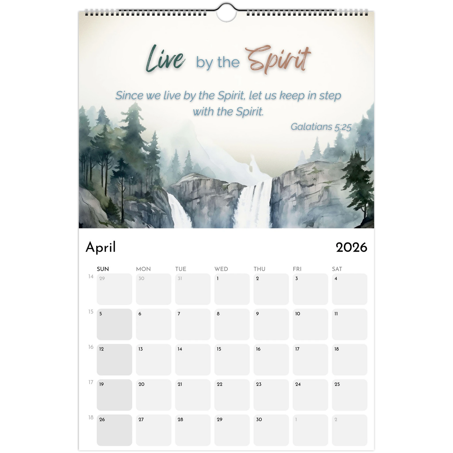 April 2026 calendar with a nature-themed cover featuring a waterfall and trees.