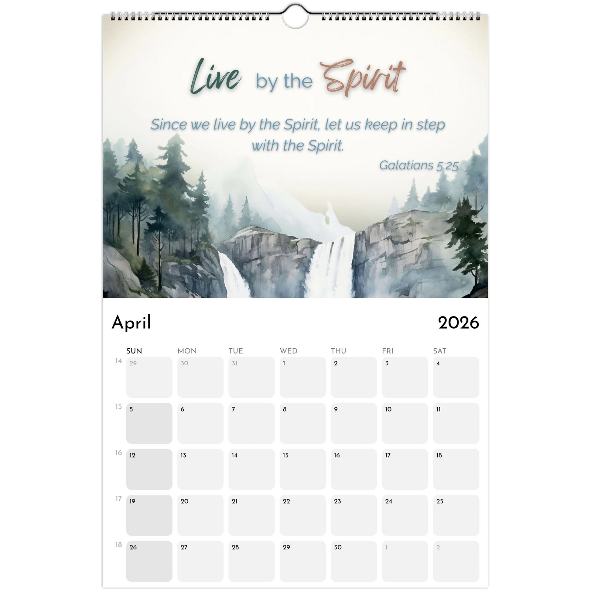 April 2026 calendar with a nature-themed cover featuring a waterfall and trees.