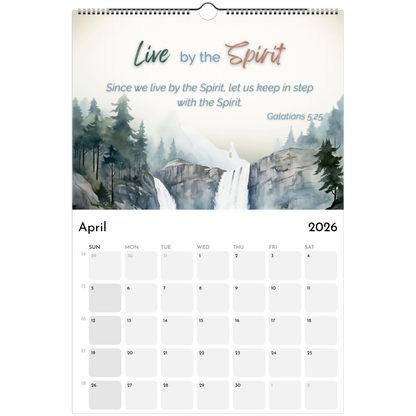 April 2026 calendar with a nature-themed cover featuring a waterfall and trees.