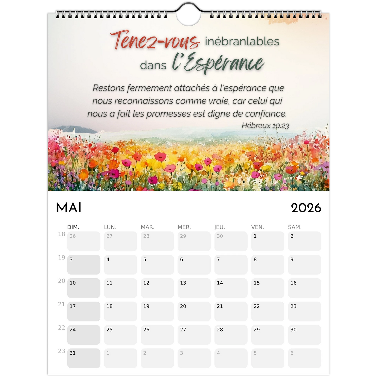 Calendar for May 2026 with a floral background and motivational quote.