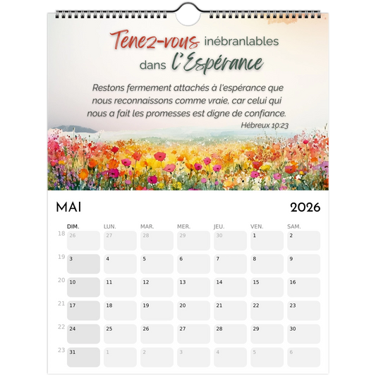 Calendar for May 2026 with a floral background and motivational quote.