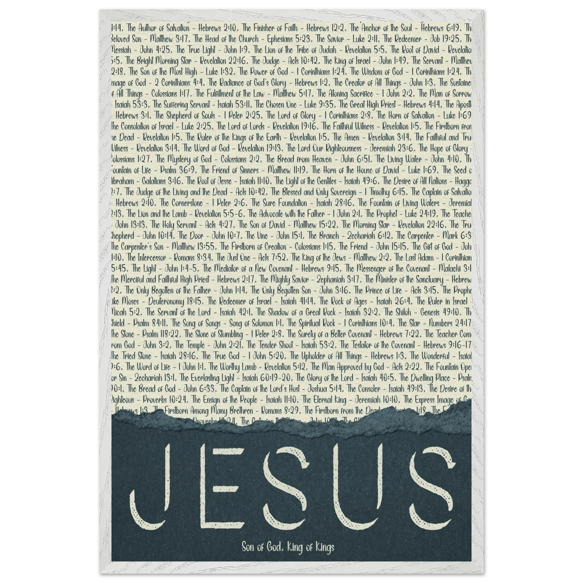 A framed wall art print with the word 'JESUS' in bold lettering, followed by a list of names and scriptures related to Jesus, against a white background 