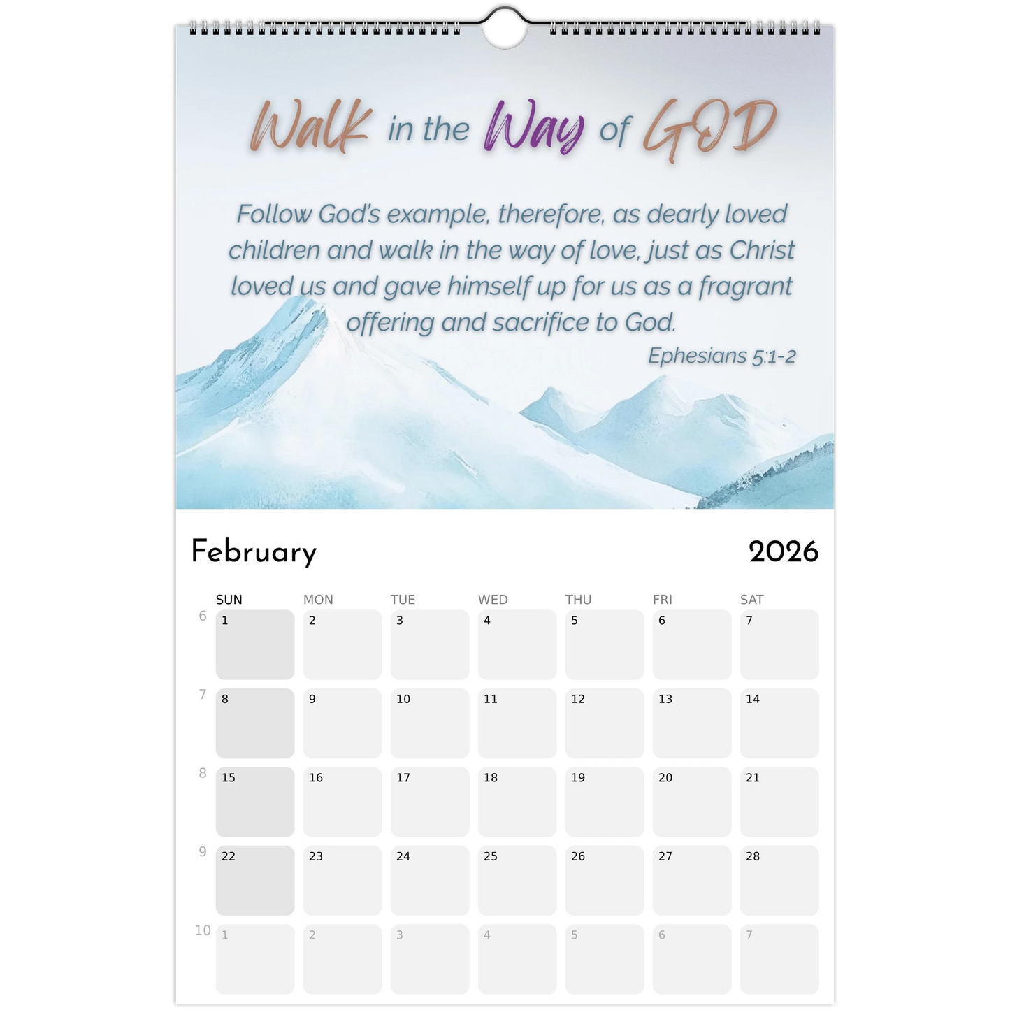 Calendar for February 2026 with motivational quote and mountain design