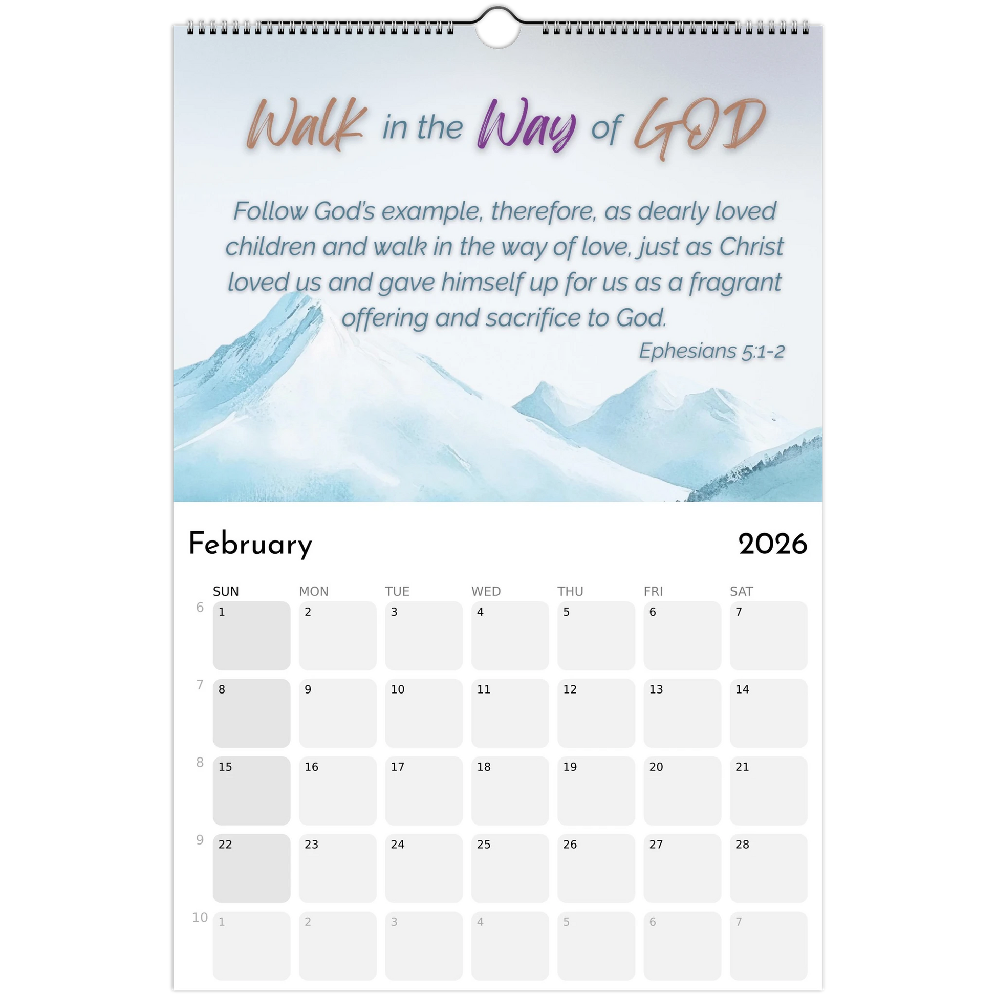 Calendar for February 2026 with motivational quote and mountain design