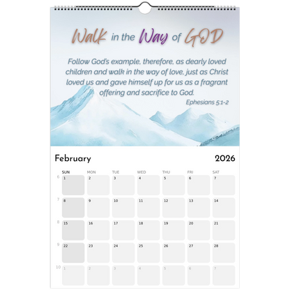 Calendar for February 2026 with motivational quote and mountain design