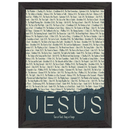 A framed wall art print with the word 'JESUS' in bold lettering, followed by a list of names and scriptures related to Jesus, against a white background 