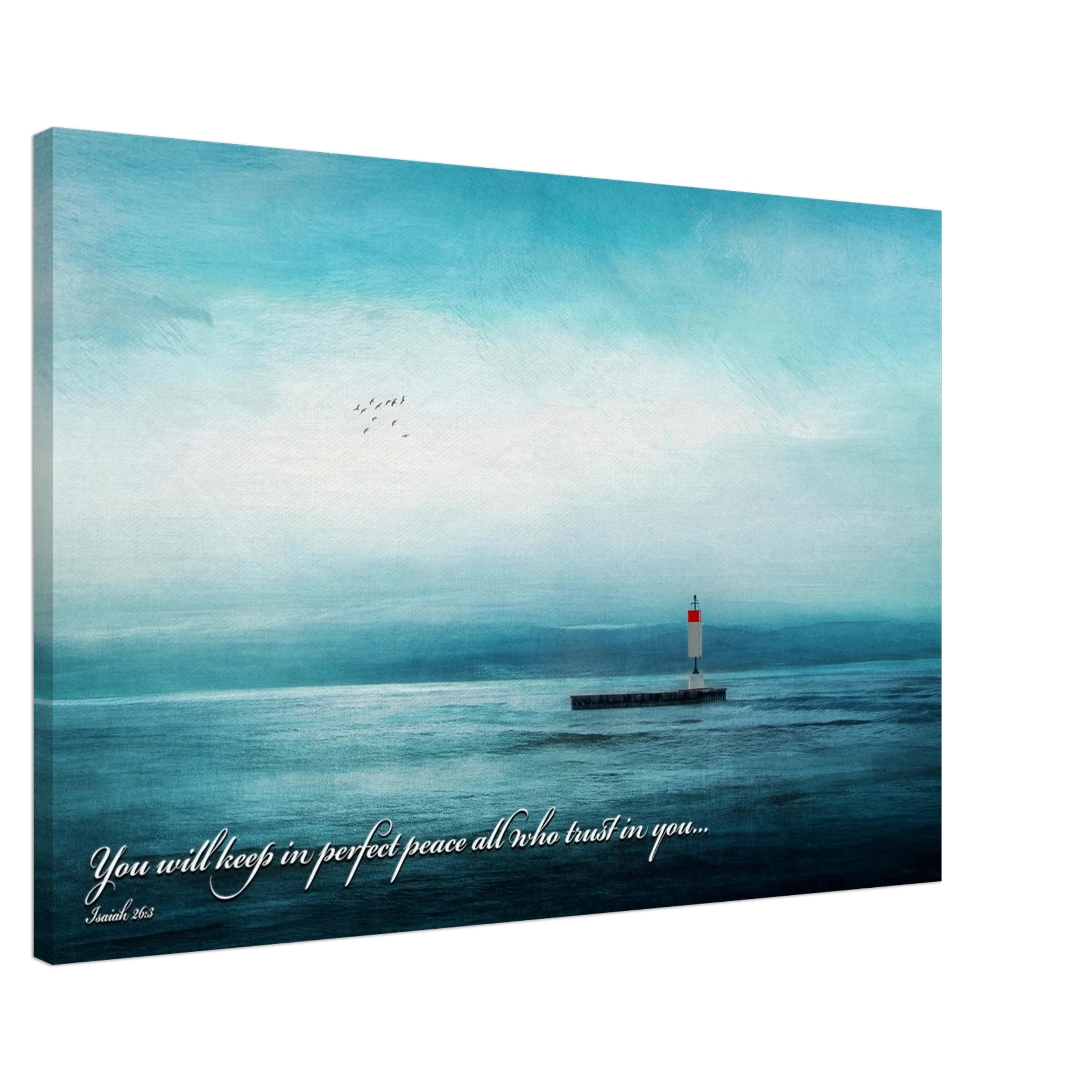A canvas wall art print featuring a lighthouse with a backdrop of the sea and sky, including a quote about perfect peace.