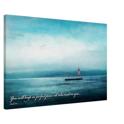 A canvas wall art print featuring a lighthouse with a backdrop of the sea and sky, including a quote about perfect peace.