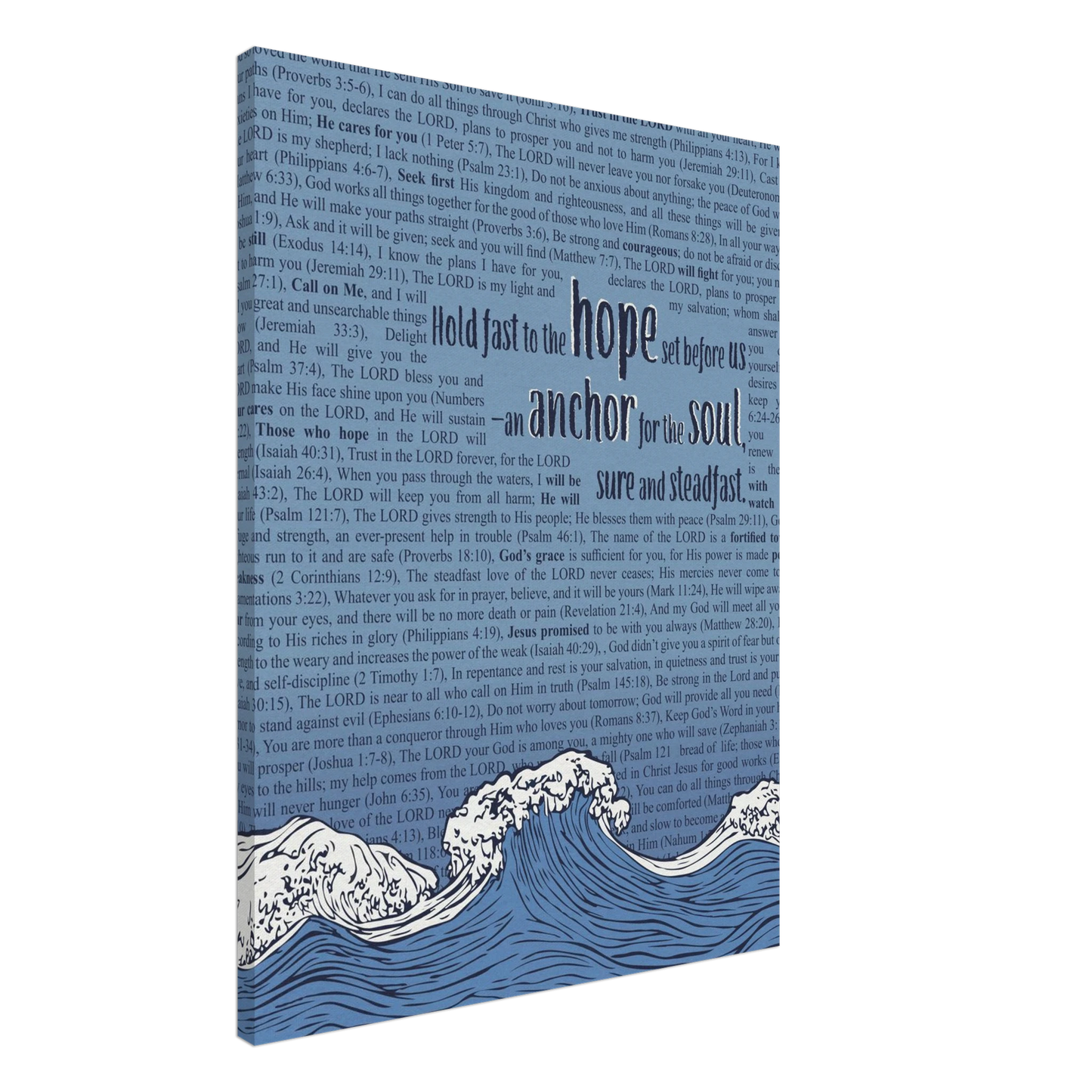 A vertical canvas wall art with a pink background featuring text from Hebrews 6:19 and an illustration of ocean waves with an anchor.