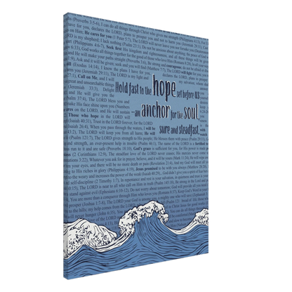 A vertical canvas wall art with a pink background featuring text from Hebrews 6:19 and an illustration of ocean waves with an anchor.