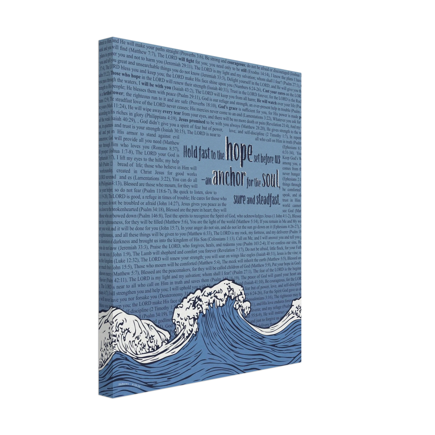 A vertical canvas wall art with a pink background featuring text from Hebrews 6:19 and an illustration of ocean waves with an anchor.
