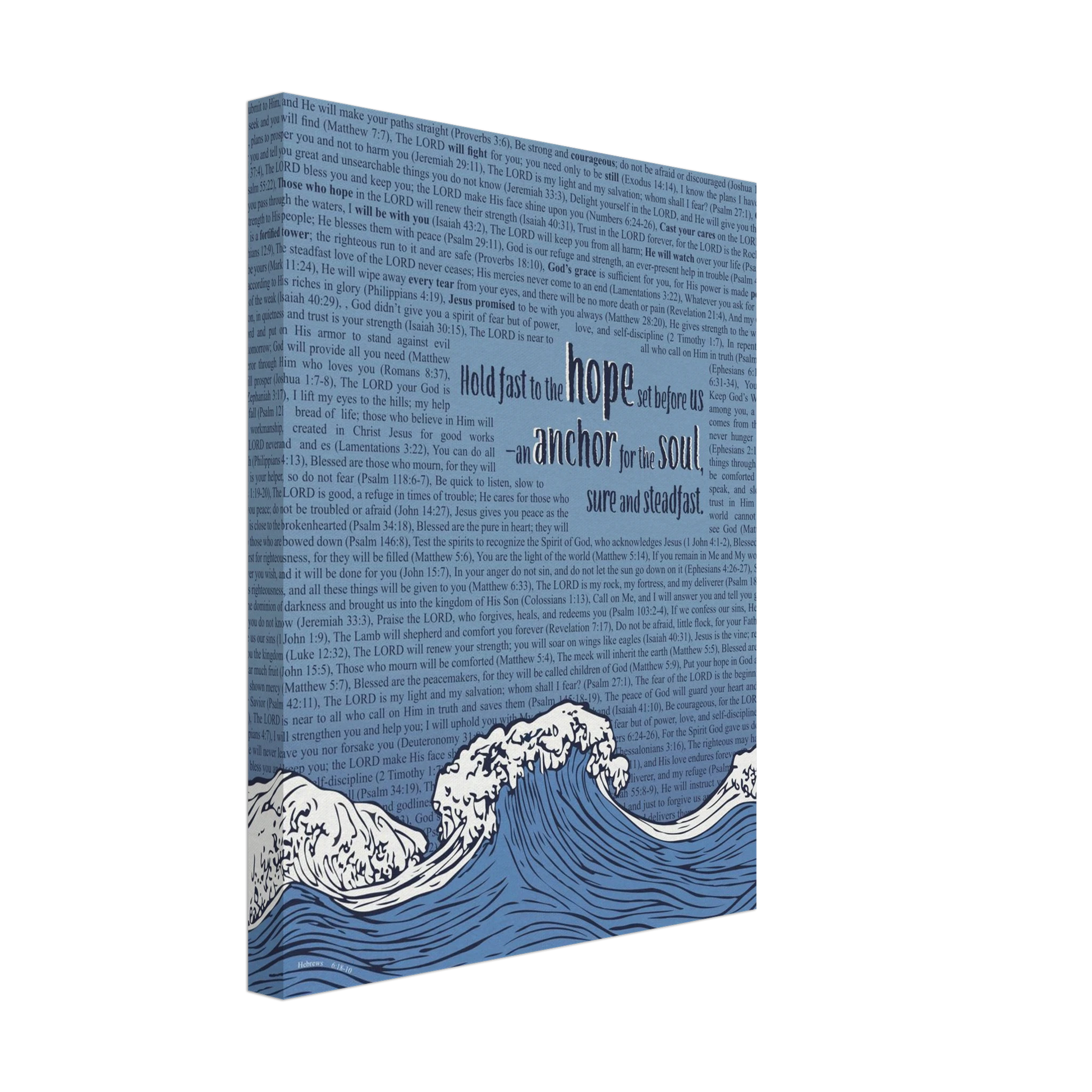 A vertical canvas wall art with a pink background featuring text from Hebrews 6:19 and an illustration of ocean waves with an anchor.