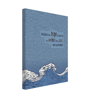 A vertical canvas wall art with a pink background featuring text from Hebrews 6:19 and an illustration of ocean waves with an anchor.