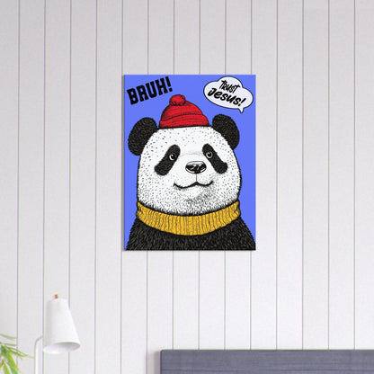 A canvas wall art featuring a cartoon illustration of a panda with a red beanie hat, a yellow scarf, and a speech bubble saying 'Trust Jesus' with a blue background displayed in a bright minimalist room with a small lamp decor.