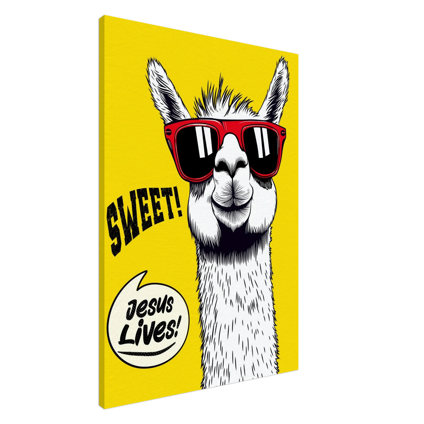 A vibrant canvas wall art featuring a cartoon llama with sunglasses against a yellow background, with the text 'Sweet! Jesus Lives!'.