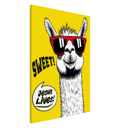 A vibrant canvas wall art featuring a cartoon llama with sunglasses against a yellow background, with the text 'Sweet! Jesus Lives!'.