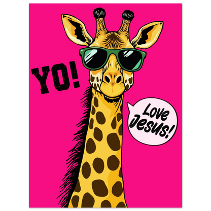 A colorful poster featuring a giraffe with sunglasses and a speech bubble that reads 'LOVE JESUS', set against a bold pink background.