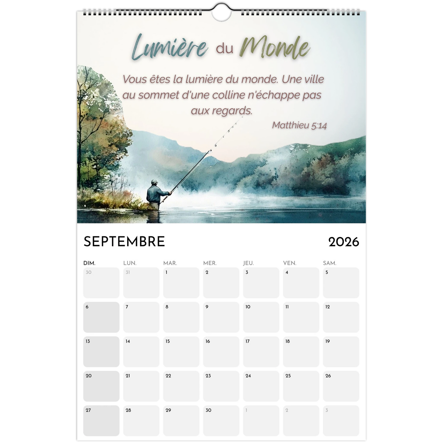 Calendar for September 2026 with a scenic fishing illustration and motivational quote.