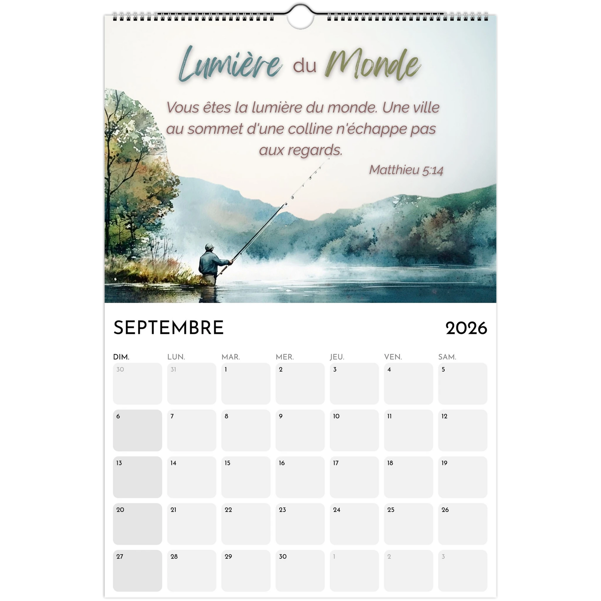Calendar for September 2026 with a scenic fishing illustration and motivational quote.