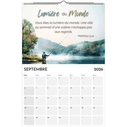 Calendar for September 2026 with a scenic fishing illustration and motivational quote.