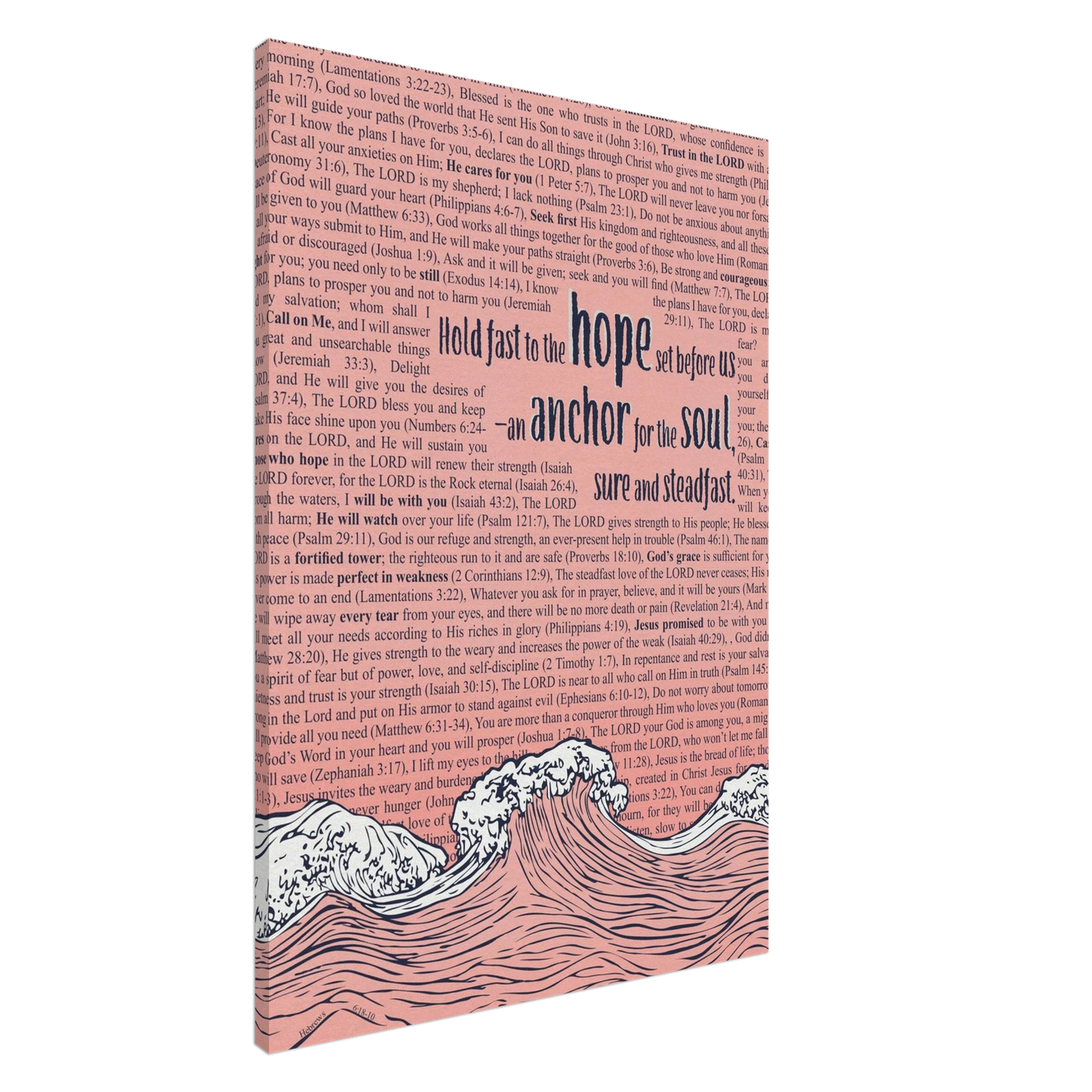 A vertical canvas wall art with a pink background featuring text from Hebrews 6:19 and an illustration of ocean waves with an anchor.