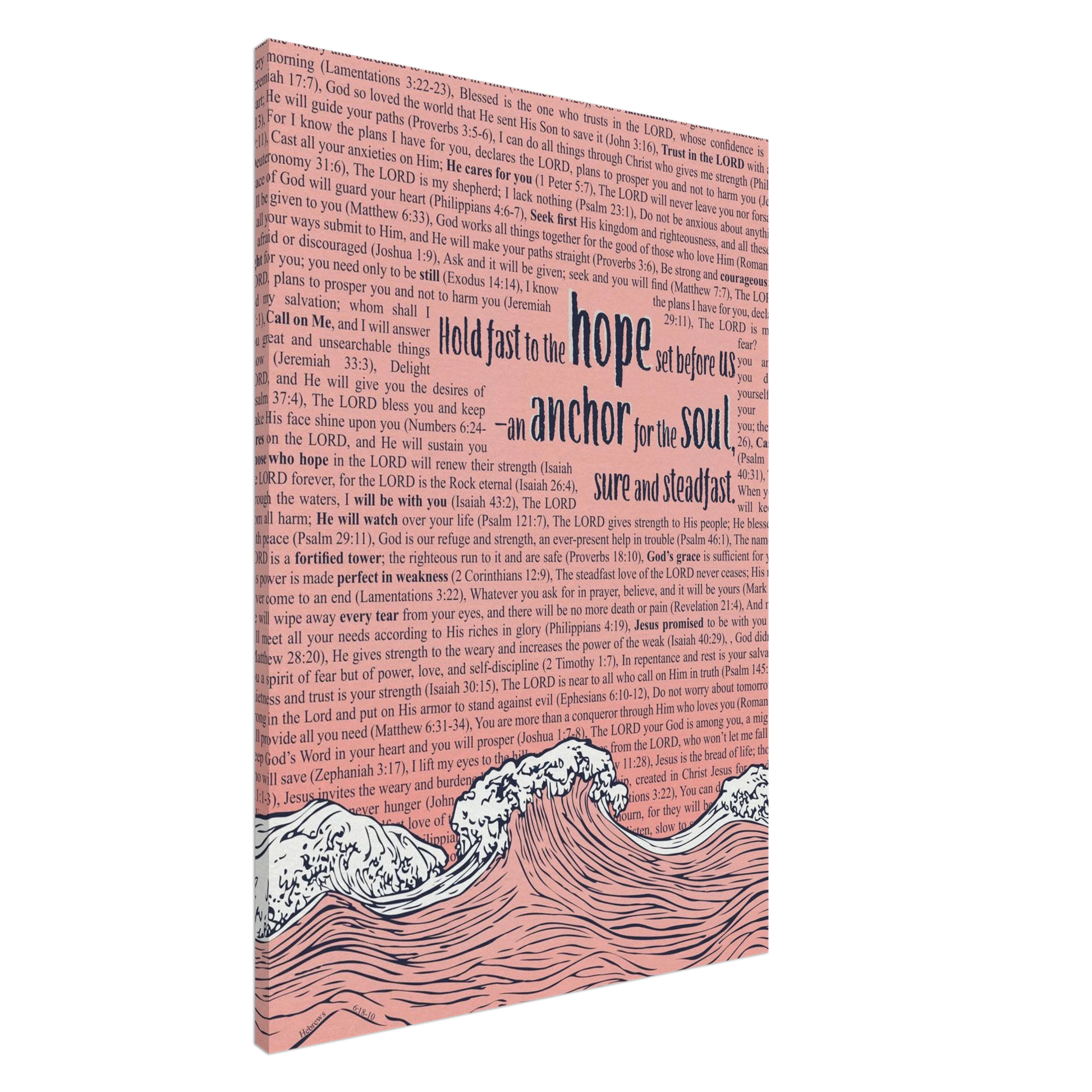 A vertical canvas wall art with a pink background featuring text from Hebrews 6:19 and an illustration of ocean waves with an anchor.