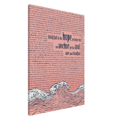 A vertical canvas wall art with a pink background featuring text from Hebrews 6:19 and an illustration of ocean waves with an anchor.