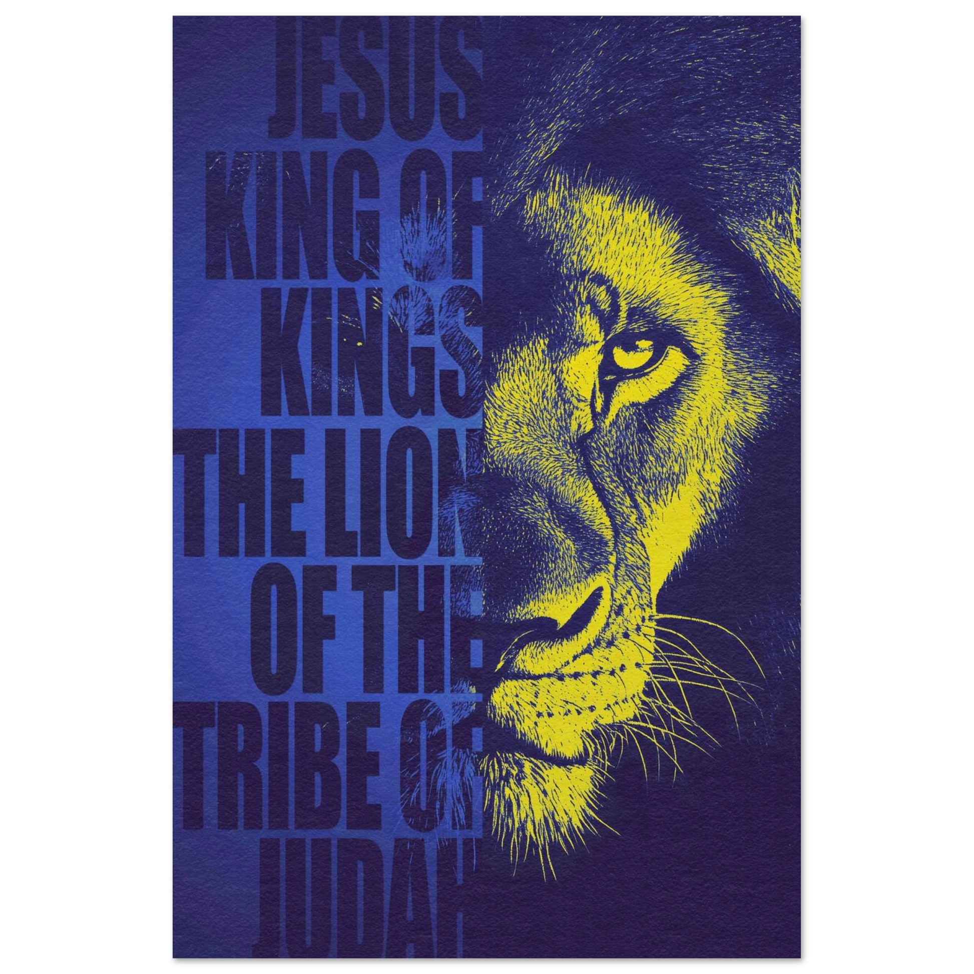 A vertical Christian poster featuring a black and white image of a lion with a red background, and the text 'Jesus, King of Kings, The Lion of the Tribe of Judah'.