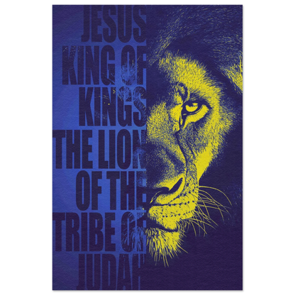 A vertical Christian poster featuring a black and white image of a lion with a red background, and the text 'Jesus, King of Kings, The Lion of the Tribe of Judah'.